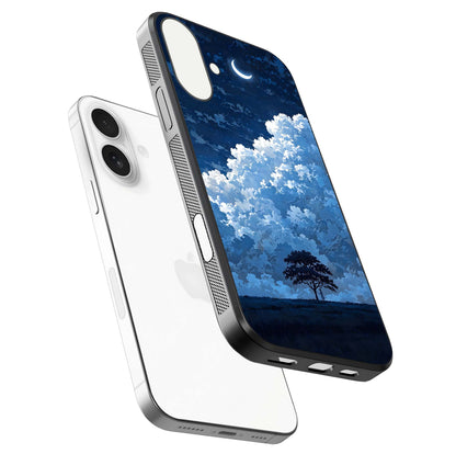 Midnight Sky Serenity Glass Case for iPhone 17 floating dual-view mockup showing HD gloss and night shine