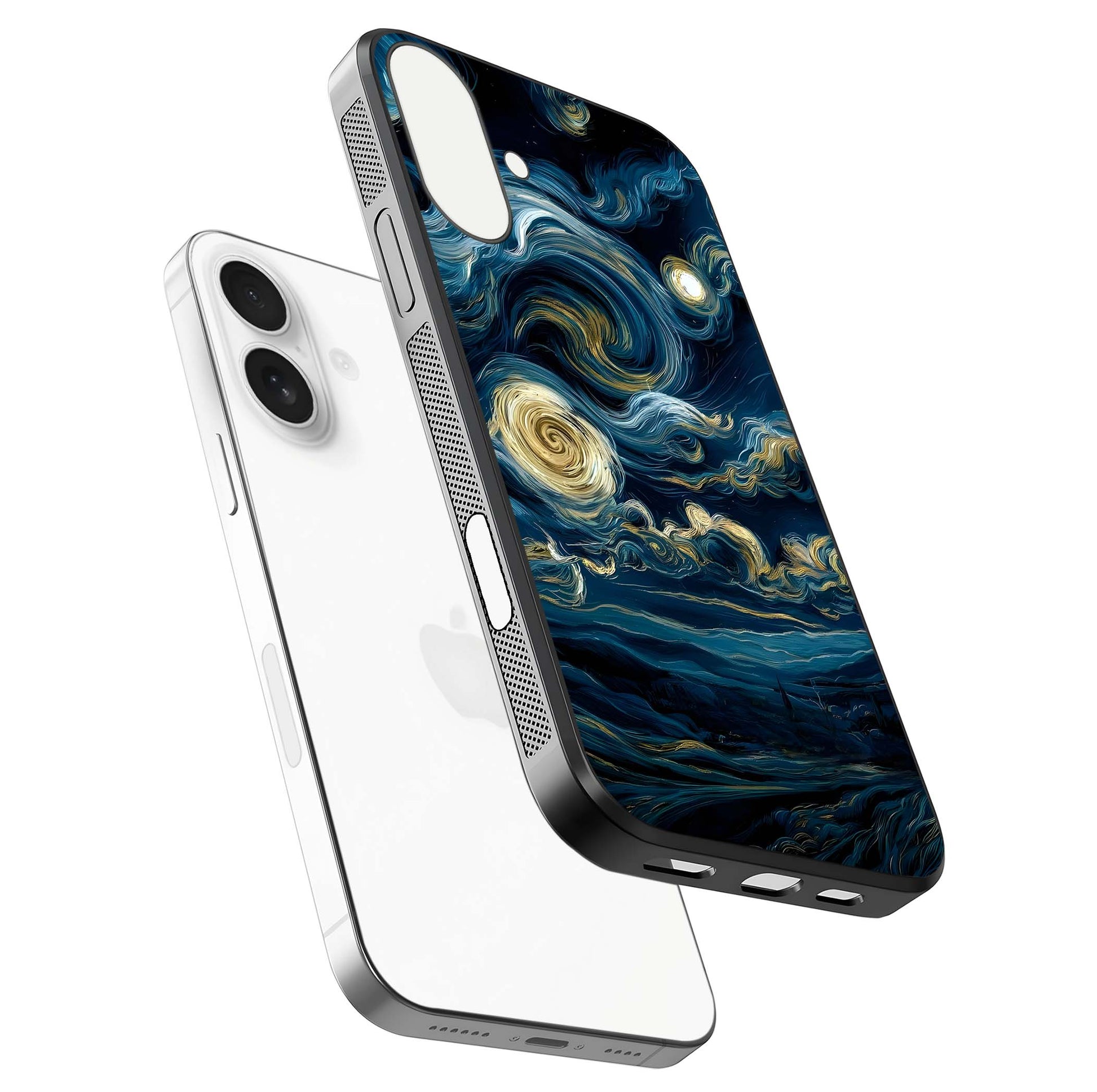 Midnight Sky Whirl Glass Case for iPhone 17 floating dual-view mockup showing gloss texture and shine