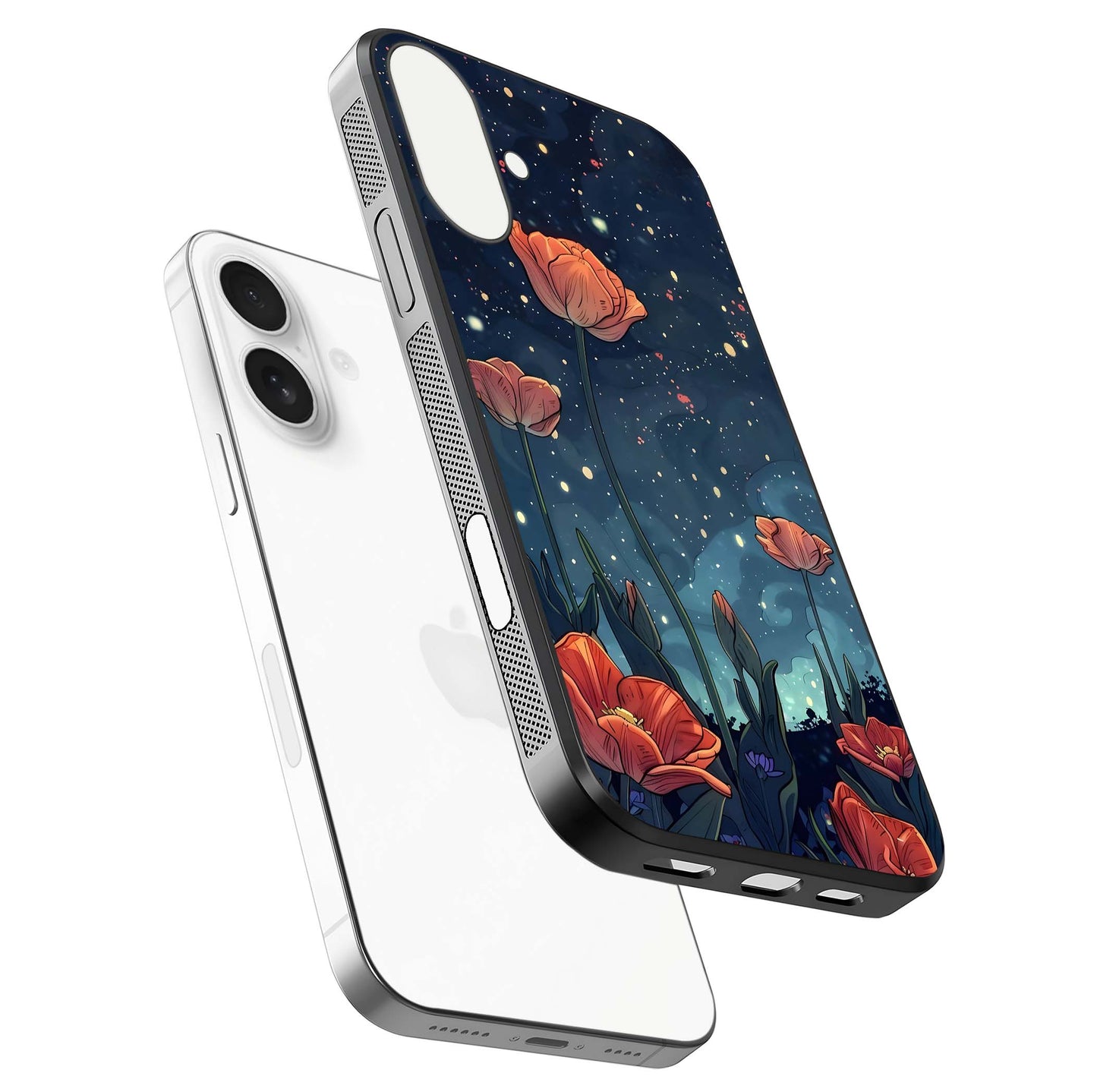 Midnight Tulip Glow Glass Case for iPhone 17 floating dual-view mockup showing HD gloss and tulip tone