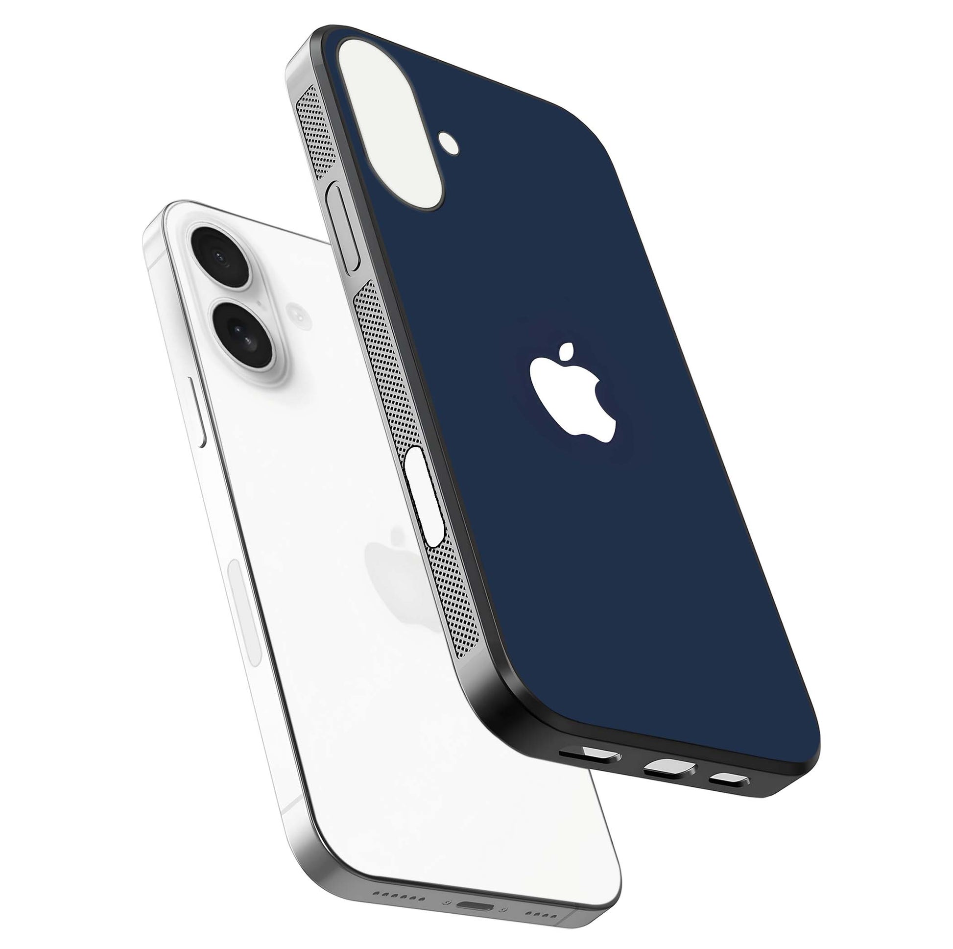 Minimal Apple Night Glass Case for iPhone 17 floating dual-view mockup showing HD shine and minimal style