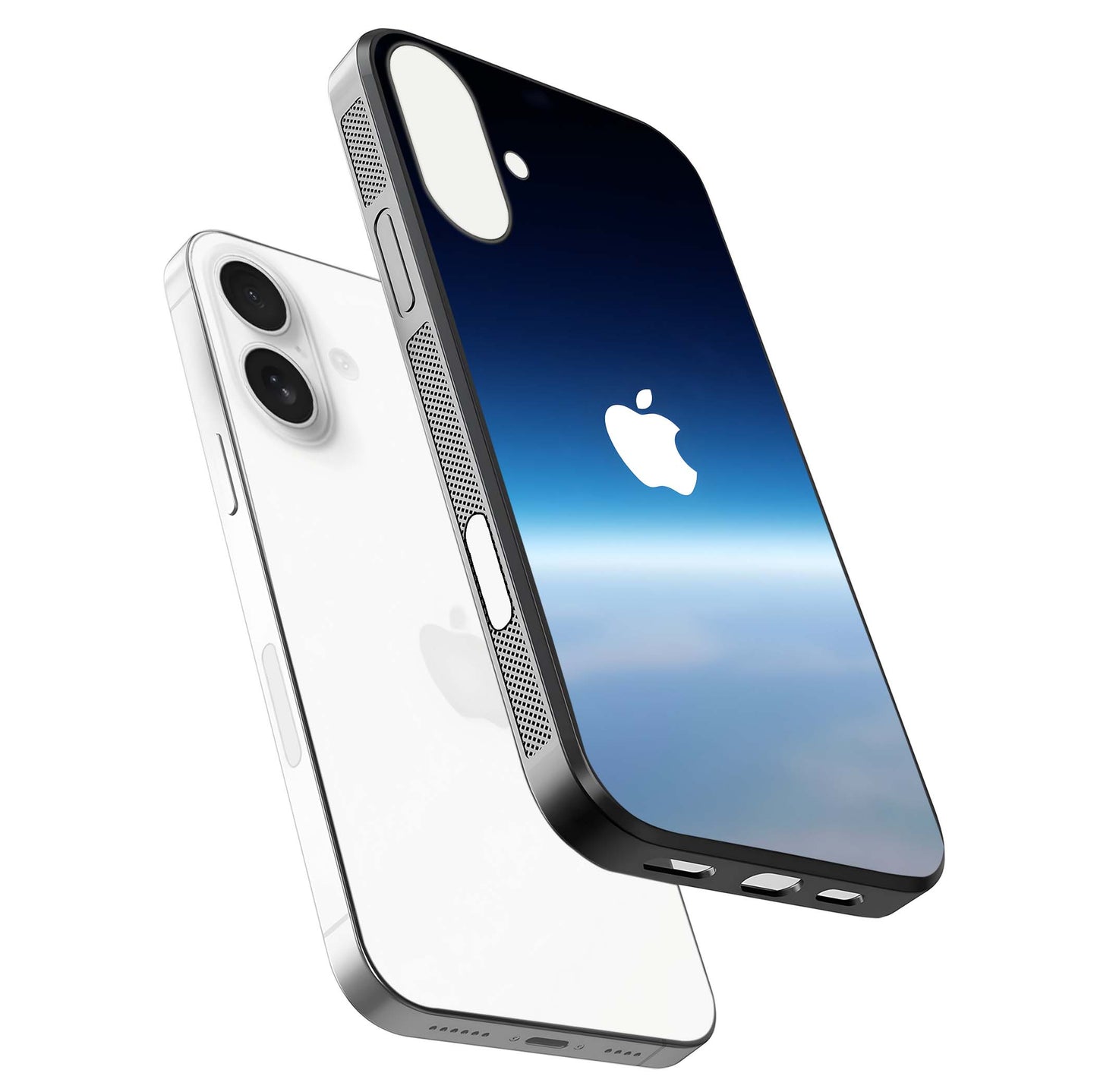 Minimal Apple Sky Glass Case for iPhone 17 floating dual-view mockup showing HD gloss and Apple design
