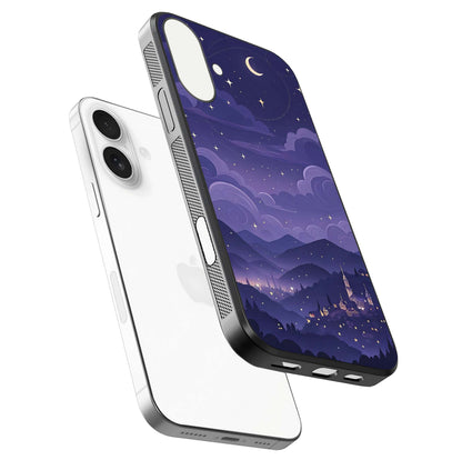 Minimal Night View Glass Case for iPhone 17 floating dual-view mockup showing HD gloss and clean lines