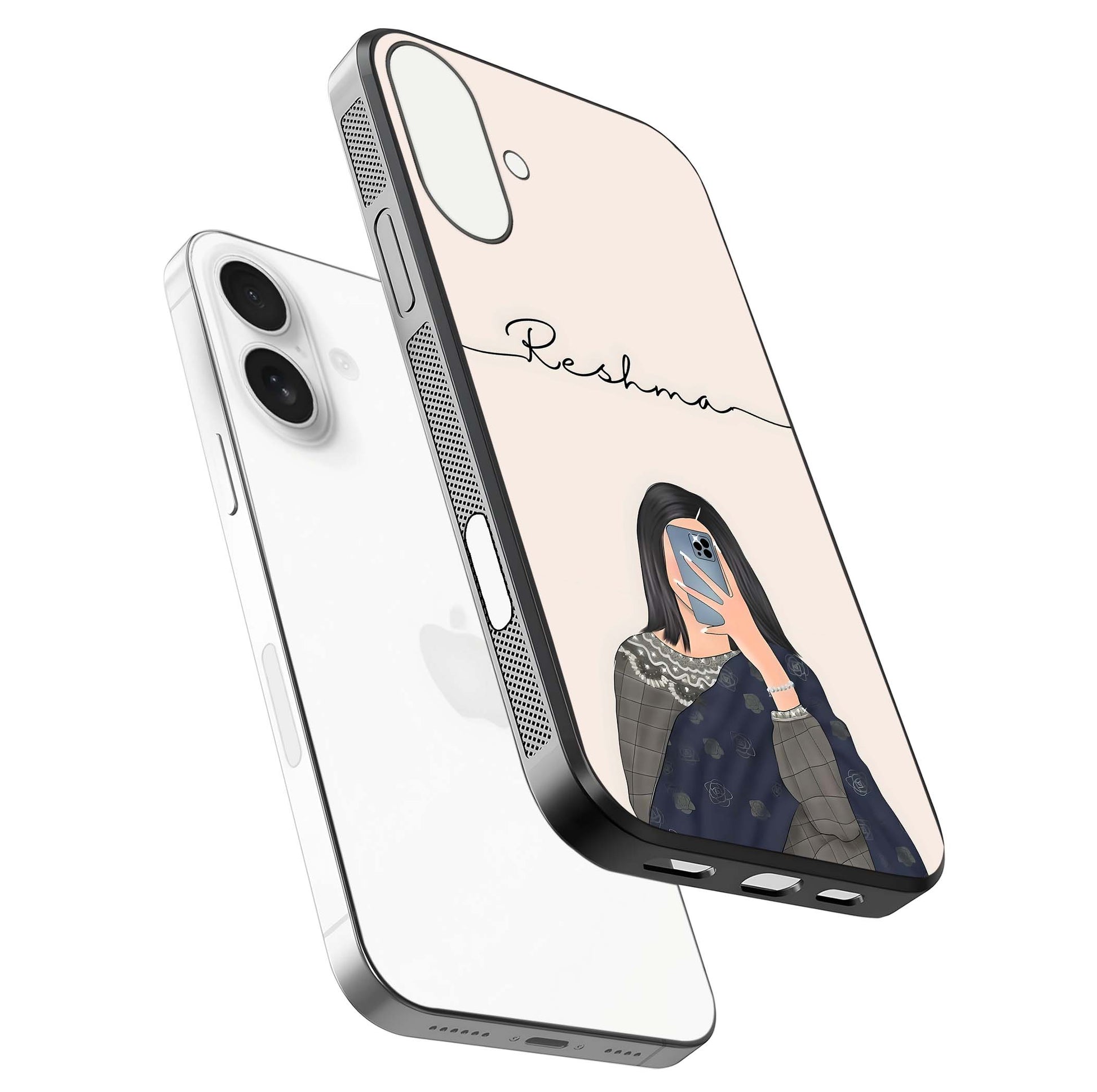 Mirror Mood Muse Custom Name Glass Case for iPhone 17 floating dual-view mockup showing reflection and luxury style