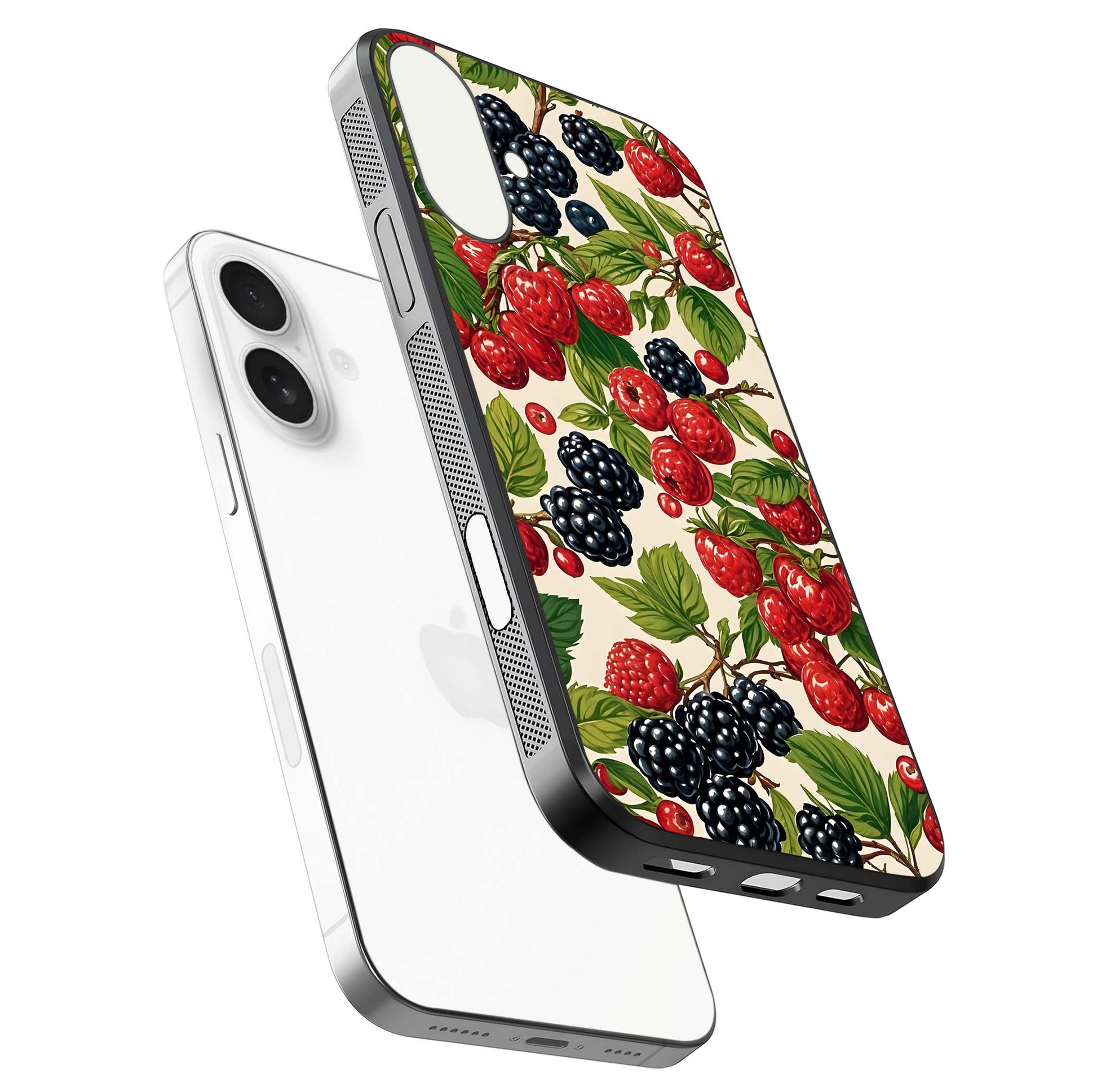 Mixed Berry Collage Glass Case for iPhone 17 floating dual-view mockup showing gloss depth and vibrant design