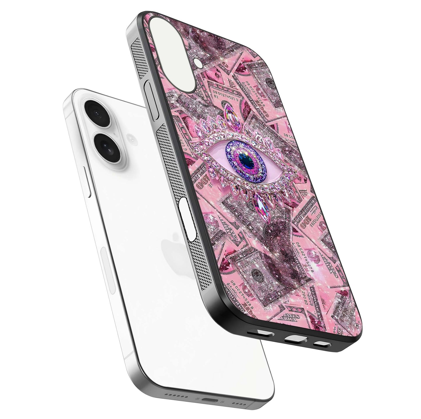 Money Eye Luxe Glass Case for iPhone 17 floating dual-view mockup showing gloss surface and premium look