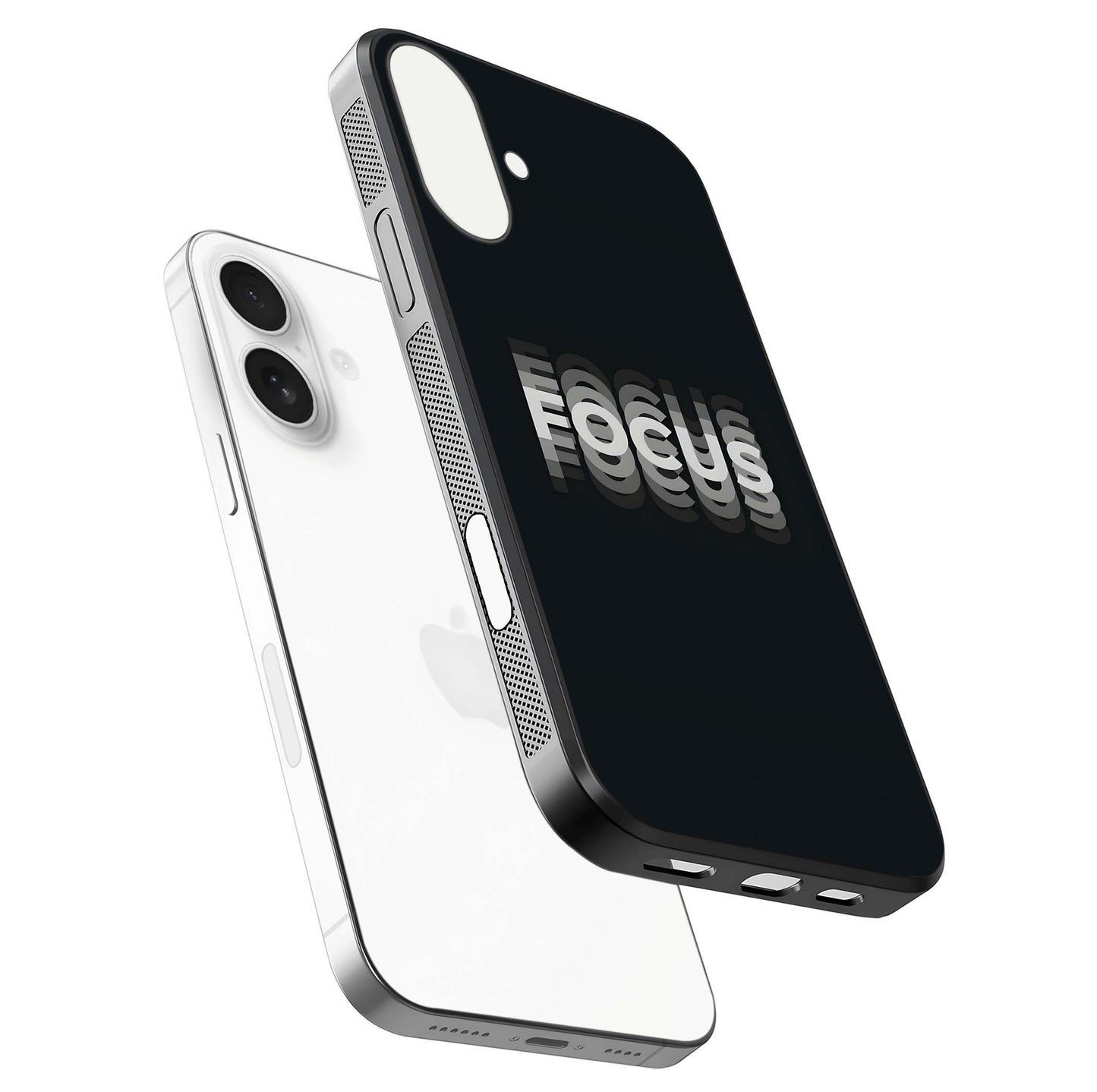Mono Focus Vision Glass Case for iPhone 17 floating dual-view mockup showing HD gloss and elegant simplicity
