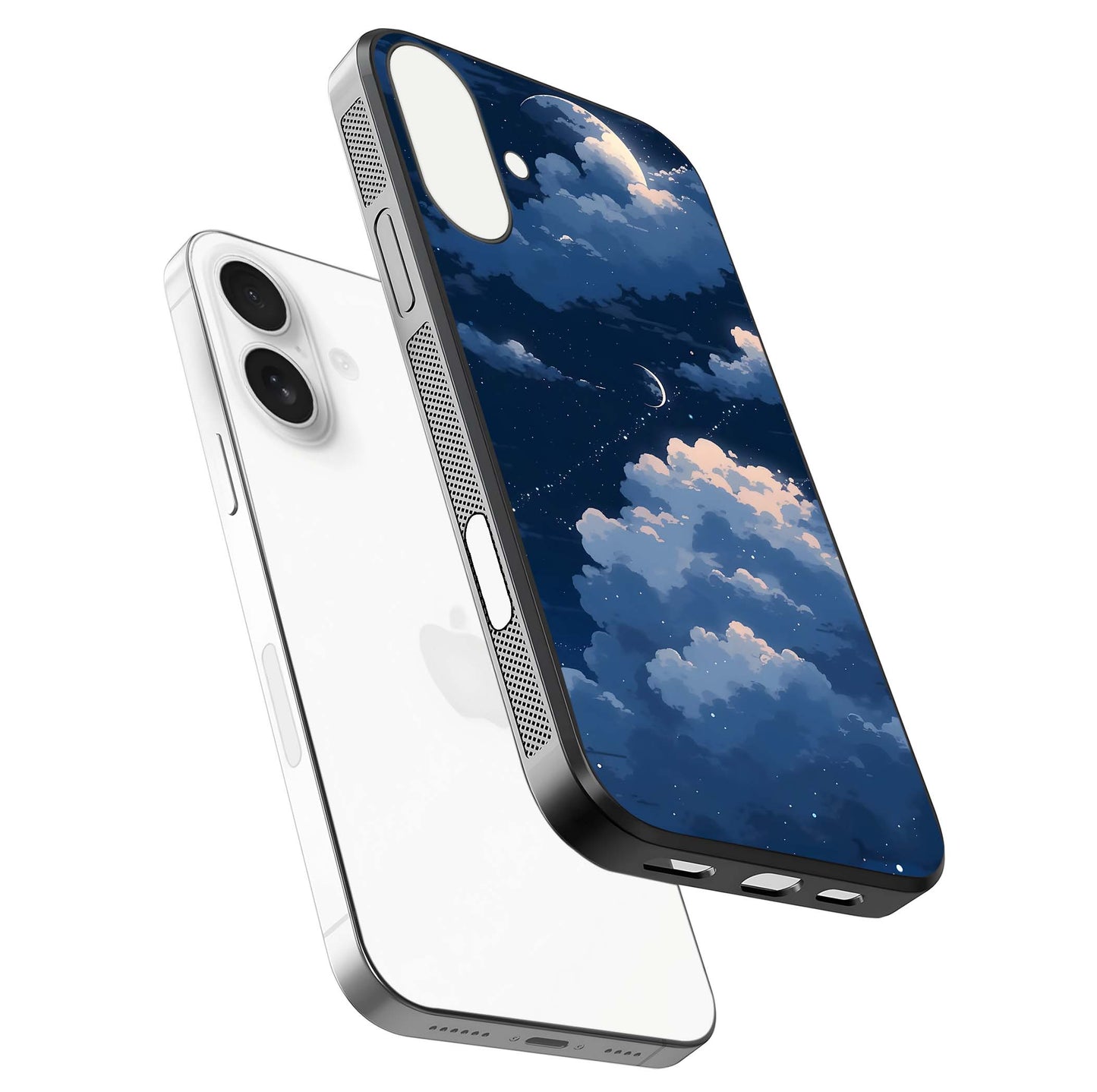 Moon Dream Haze Glass Case for iPhone 17 floating dual-view mockup showing gloss texture and calm tones