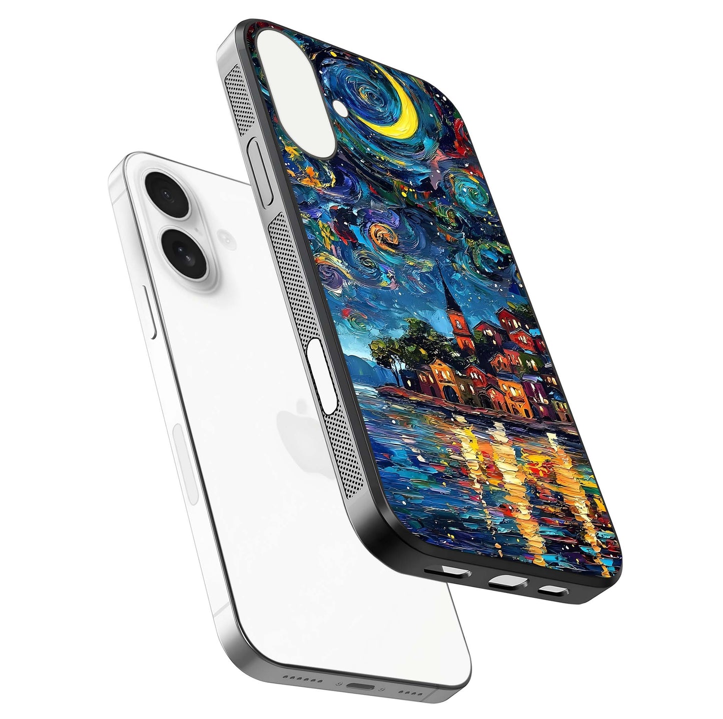 Moonlight Harbor Glow Glass Case for iPhone 17 floating dual-view mockup showing gloss brightness and glow