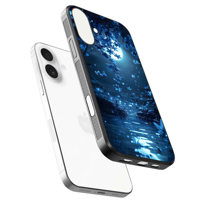 Moonlight Petal Dream Glass Case for iPhone 17 floating dual-view mockup showing HD gloss and dreamy art