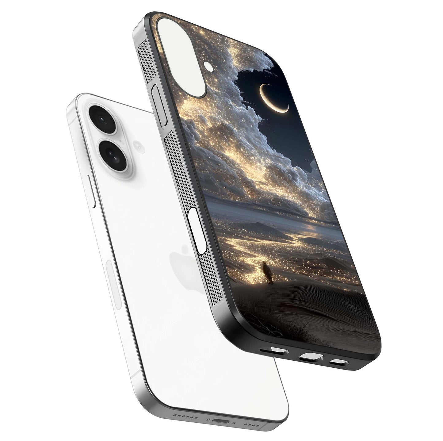 Moonlight Spark Path Glass Case for iPhone 17 floating dual-view mockup showing gloss finish and shine depth