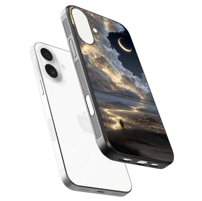 Moonlight Spark Path Glass Case for iPhone 17 floating dual-view mockup showing gloss finish and shine depth