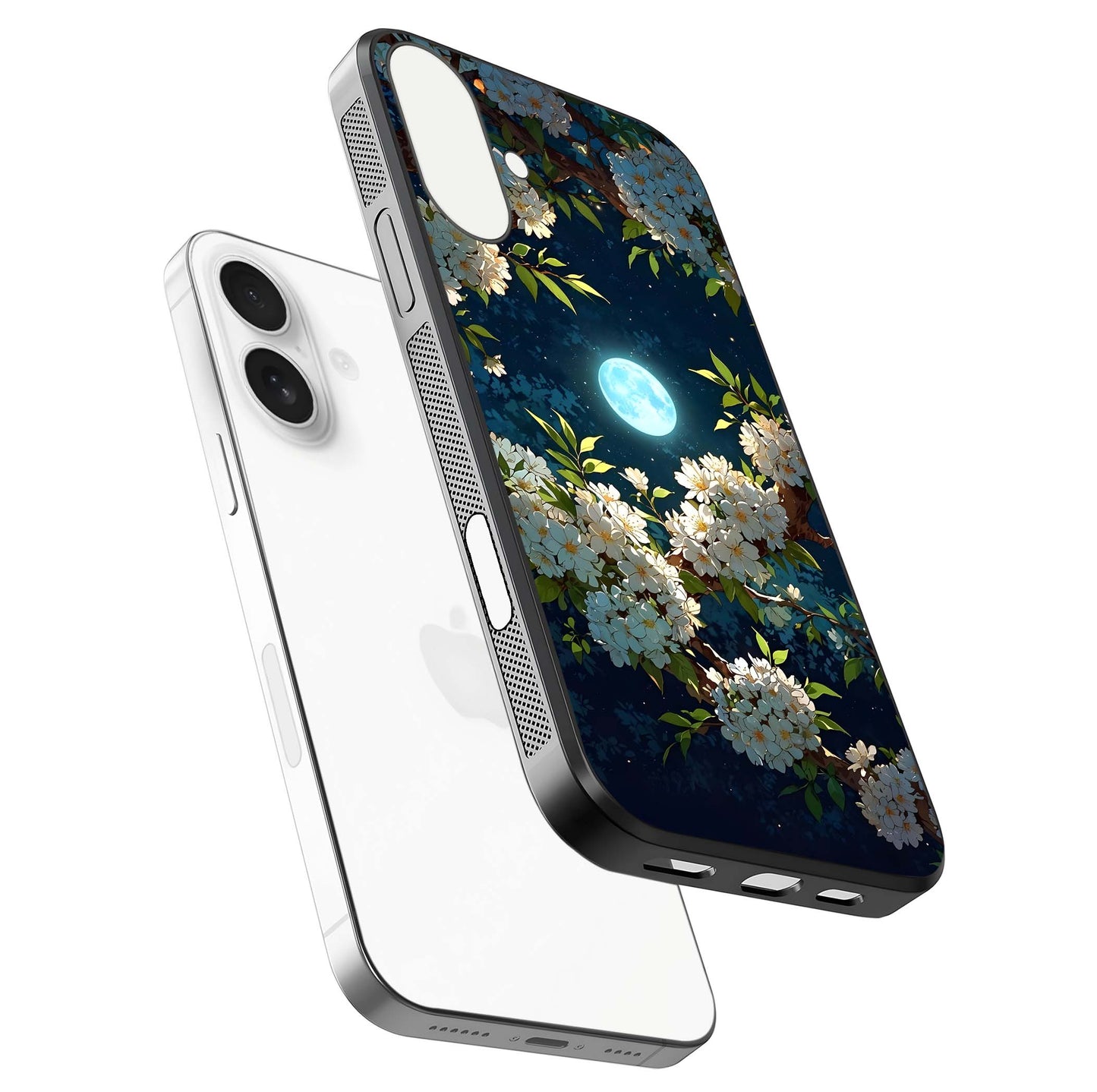 Moonlit Blossom Dream Glass Case for iPhone 17 floating dual-view mockup showing gloss texture and floral tone