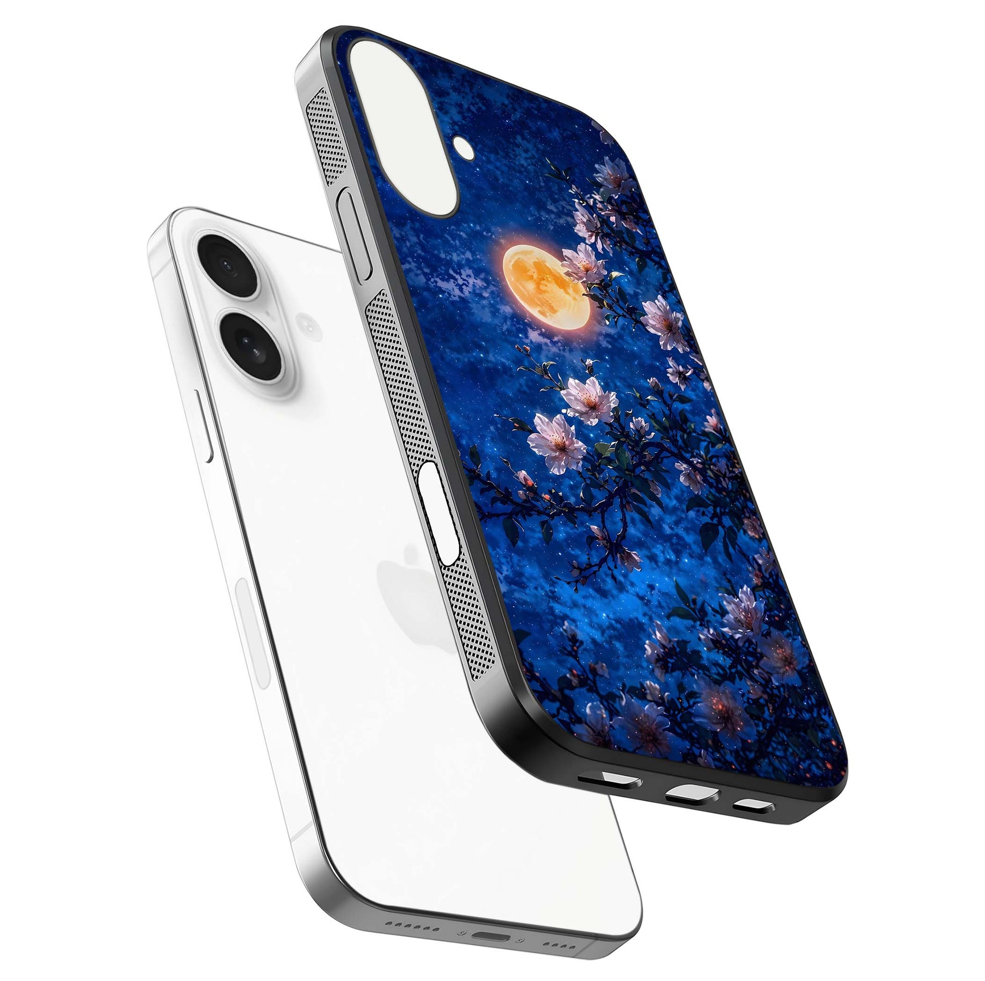 Moonlit Blossoms Night Glass Case for iPhone 17 floating dual-view mockup showing HD gloss and floral contrast