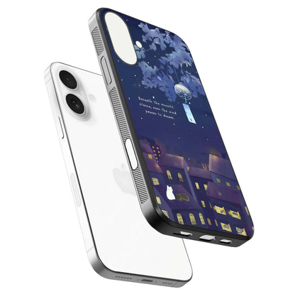 Moonlit Cat Silence Glass Case for iPhone 17 floating dual-view mockup showing gloss reflection and moon art