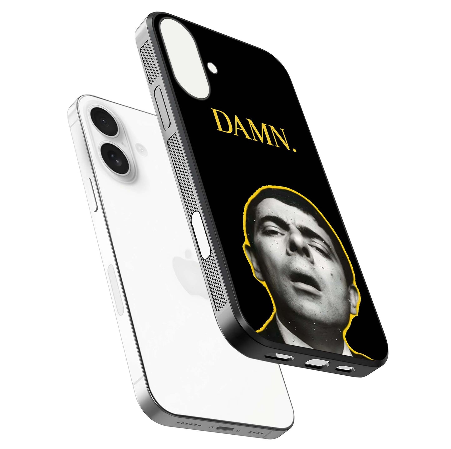 Mr Bean Damn Glass Case for iPhone 17 floating dual-view mockup showing reflective gloss and vivid tones