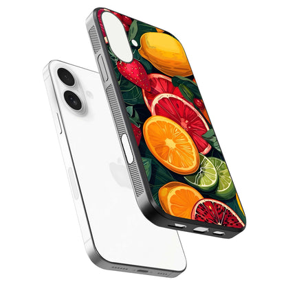 Multiple Fruits Glass Case for iPhone 17 floating dual-view mockup showing reflection depth and freshness