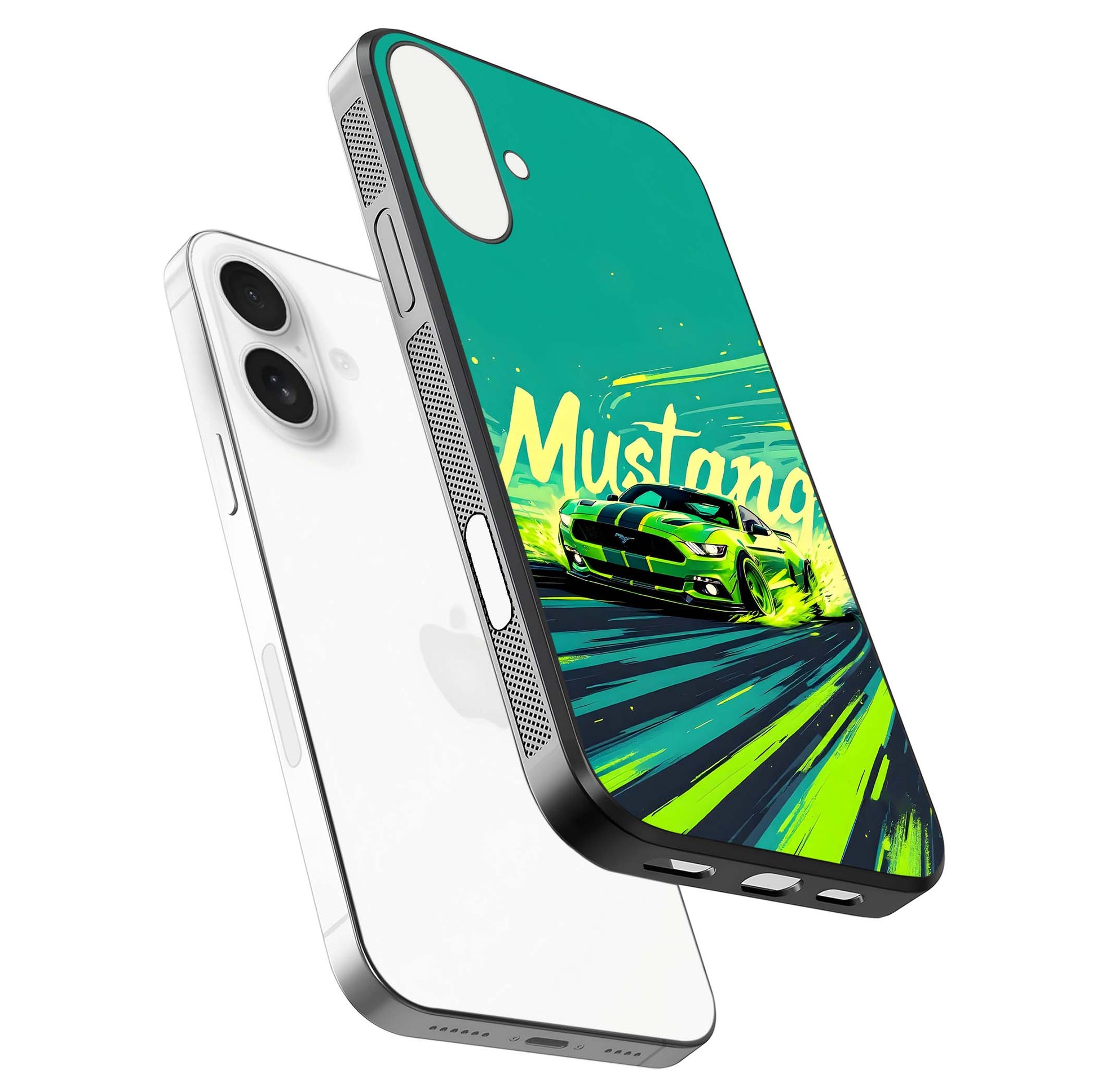 Mustang Bang Glass Case for iPhone 17 floating dual-view mockup showing gloss depth and power design