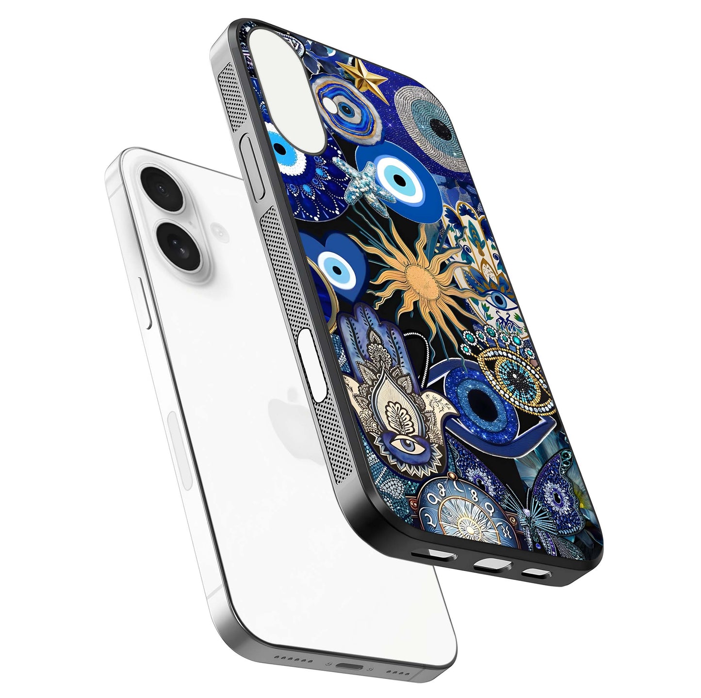 Mystic Blue Evil Eye Glass Case for iPhone 17 floating dual-view mockup showing gloss depth and sacred symbol