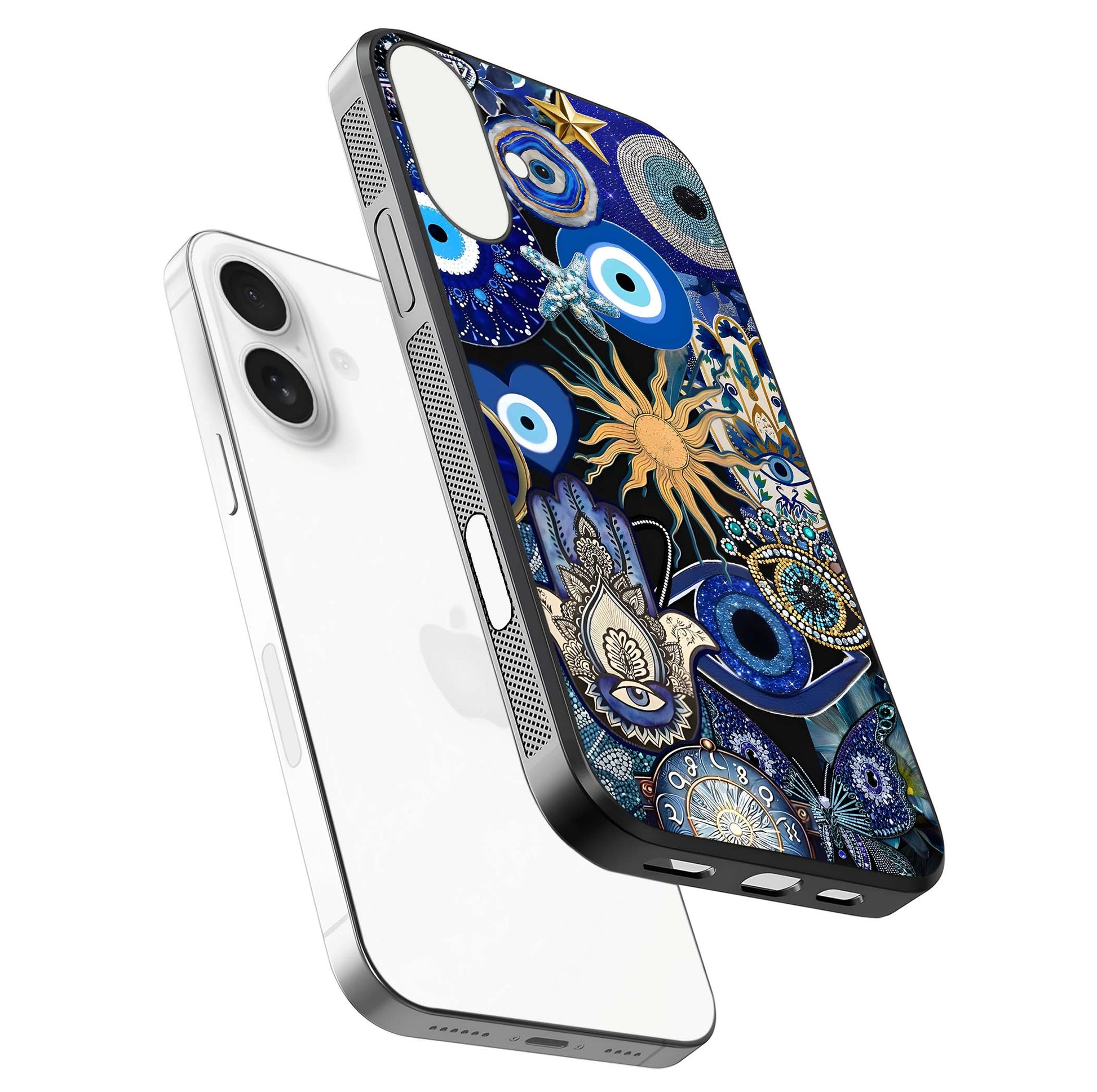 Mystic Blue Evil Eye Glass Case for iPhone 17 floating dual-view mockup showing gloss depth and sacred symbol