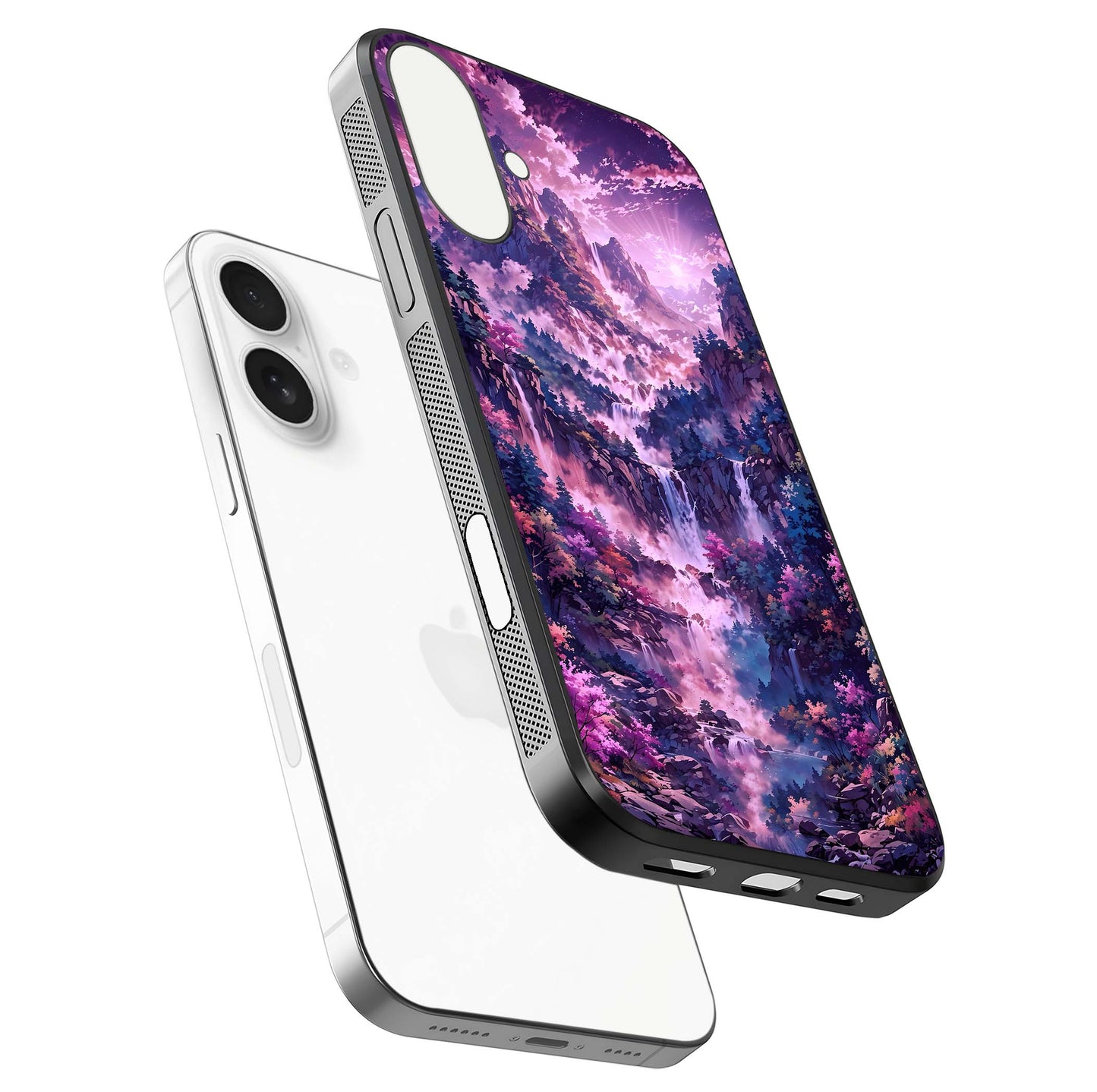 Mystic Cascade Peaks Glass Case for iPhone 17 floating dual-view mockup showing gloss texture and depth