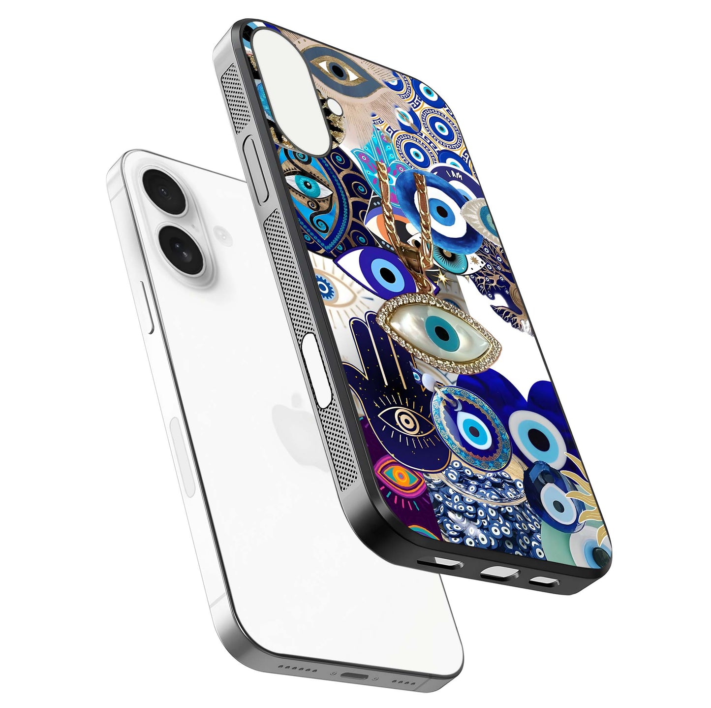 Mystic Charm Eye Glass Case for iPhone 17 floating dual-view mockup showing gloss glow and charm symbol
