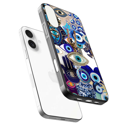 Mystic Charm Eye Glass Case for iPhone 17 floating dual-view mockup showing gloss glow and charm symbol