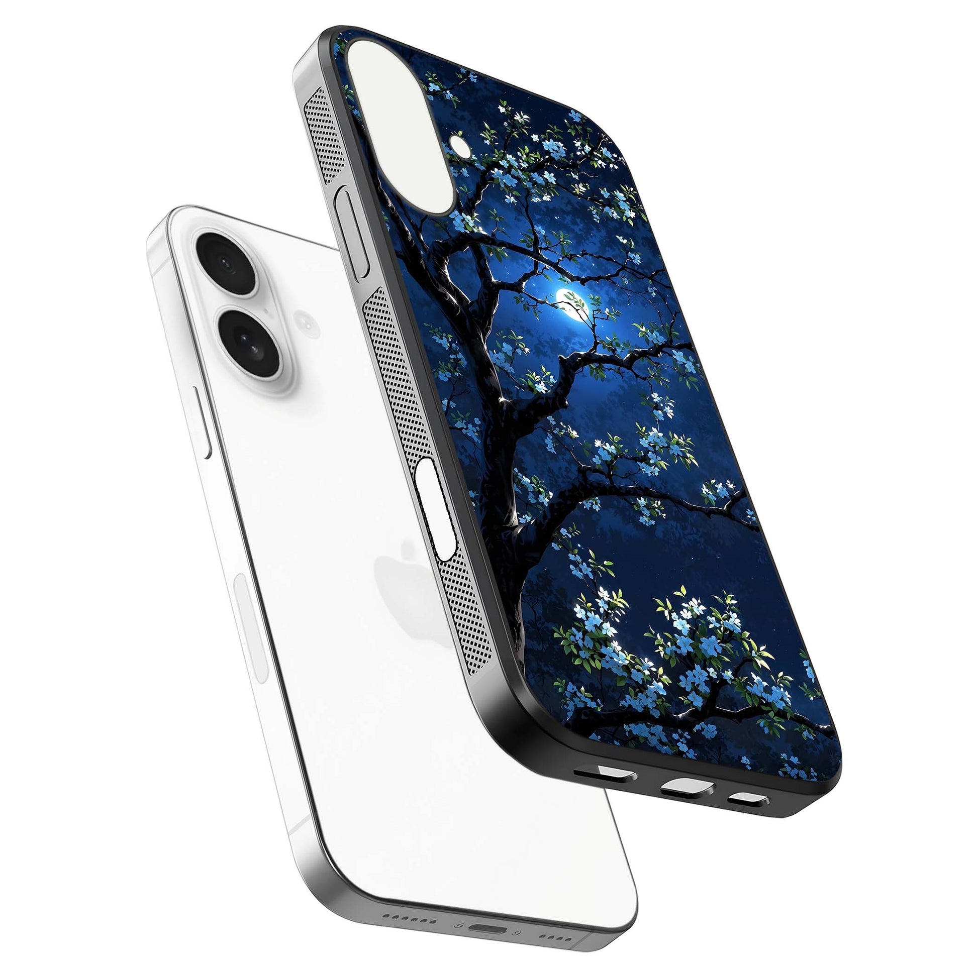 Mystic Floral Night Glass Case for iPhone 17 floating dual-view mockup displaying shine and rich color depth