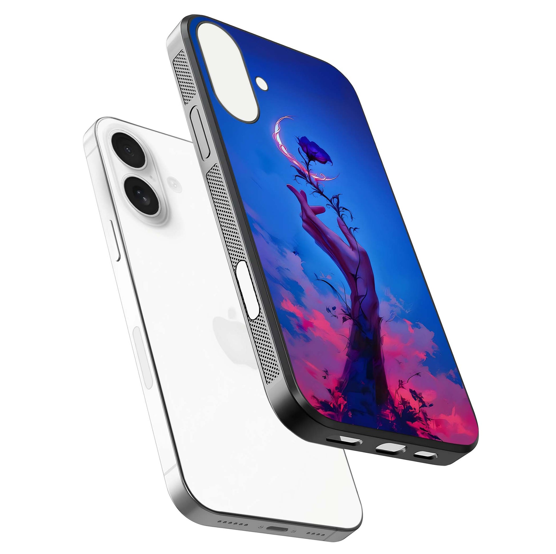 Mystic Hand Glass Case for iPhone 17 floating dual-view mockup showing HD shine and fine palm detail