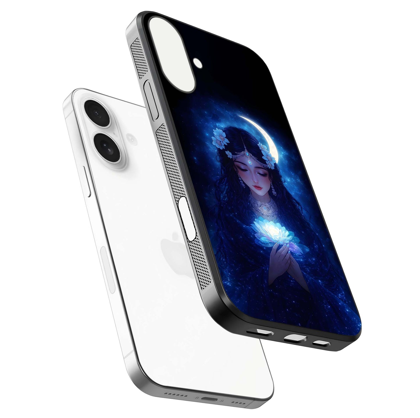 Mystic Moon Queen Glass Case for iPhone 17 floating dual-view mockup showing HD gloss and cosmic glow