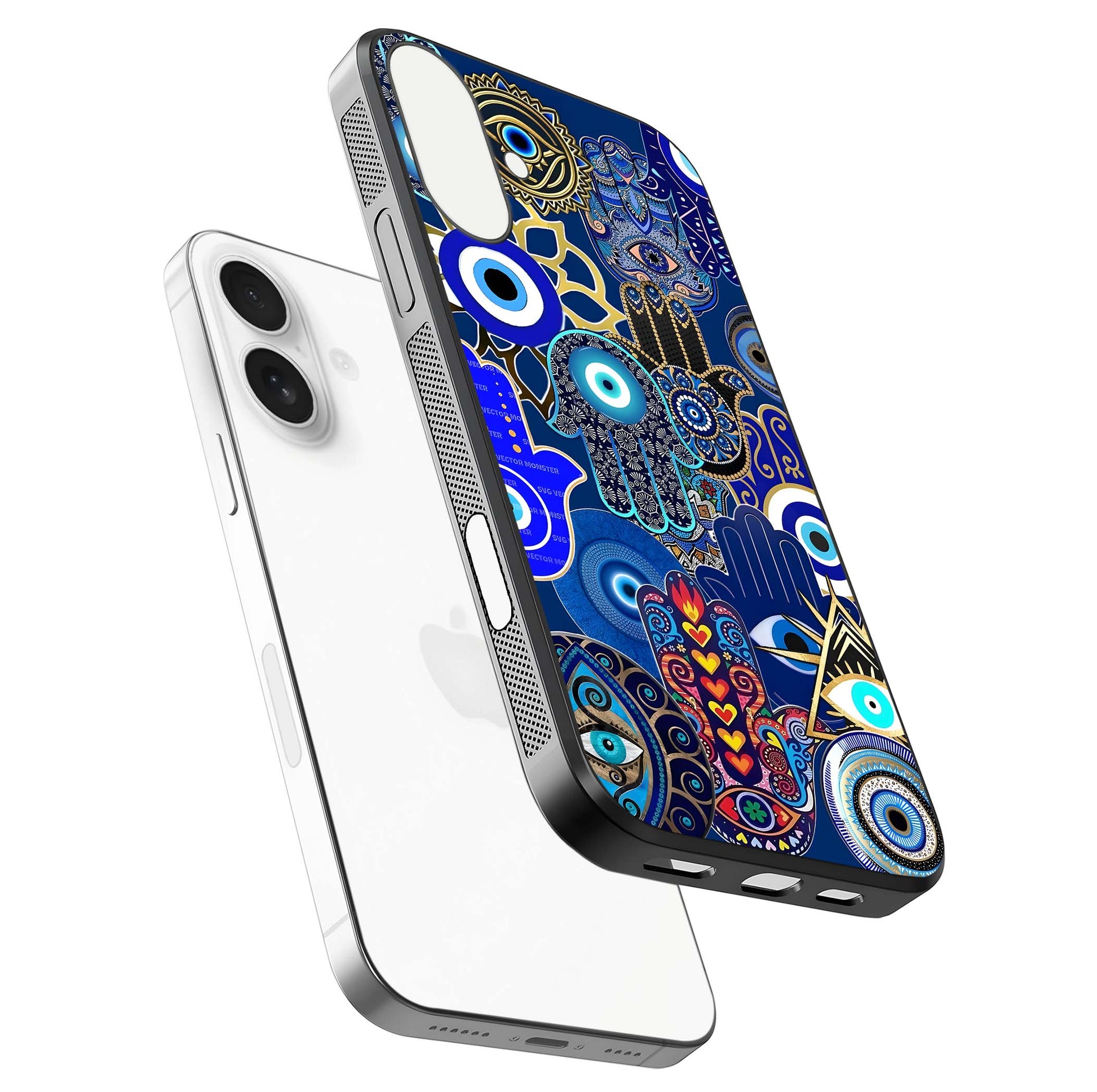 Mystic Palm Guard Glass Case for iPhone 17 floating dual-view mockup showing HD reflection and vivid tone