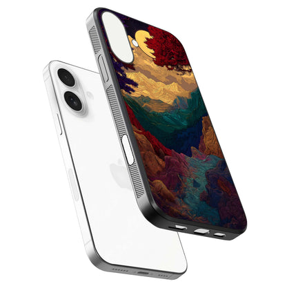 Mystic Valley Light Glass Case for iPhone 17 floating dual-view mockup showing HD gloss and light blend
