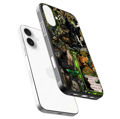 Mystic Woods Secret Glass Case for iPhone 17 floating dual-view mockup showing HD shine and depth