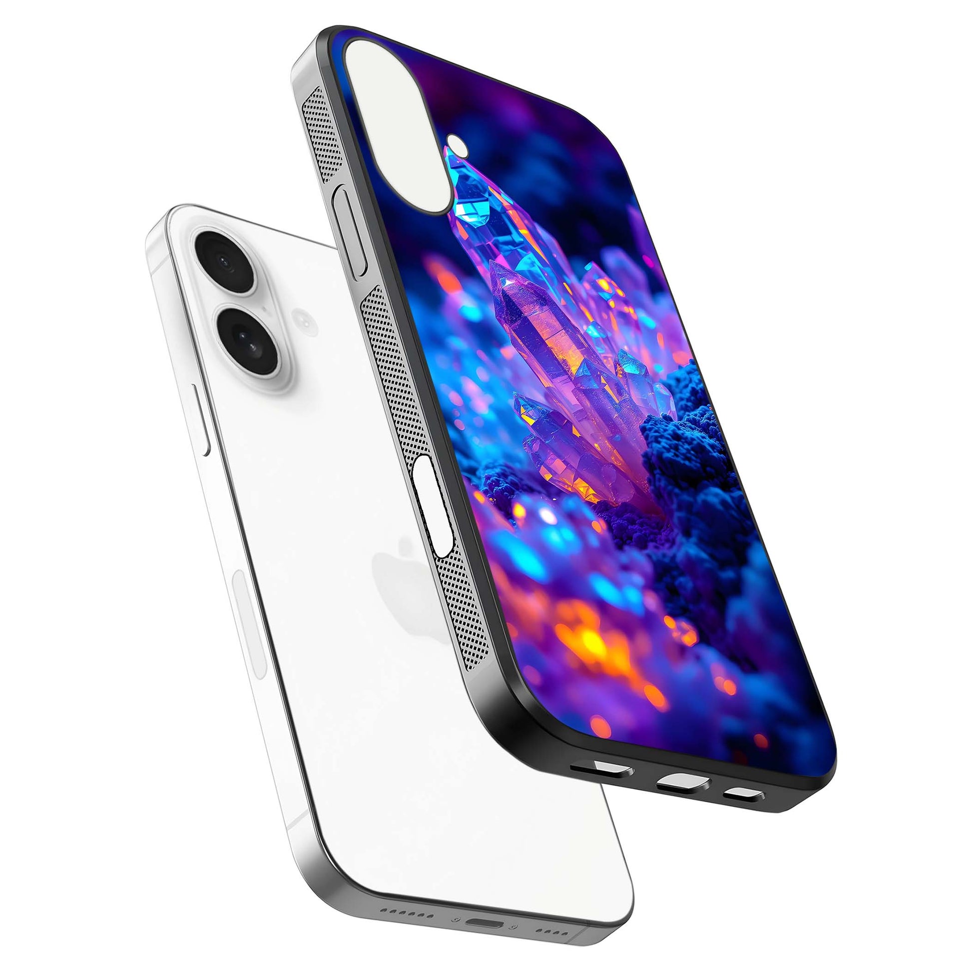 Neon Aura Shards Glass Case for iPhone 17 floating dual-view mockup showing HD shine and shard texture