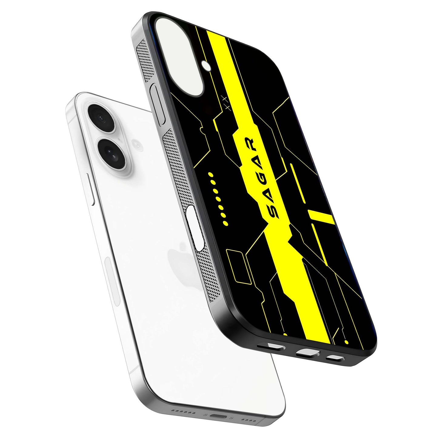 Neon CYBERPUNK Custom Name Glass Case for iPhone 17 floating dual-view mockup showing HD shine and neon lines
