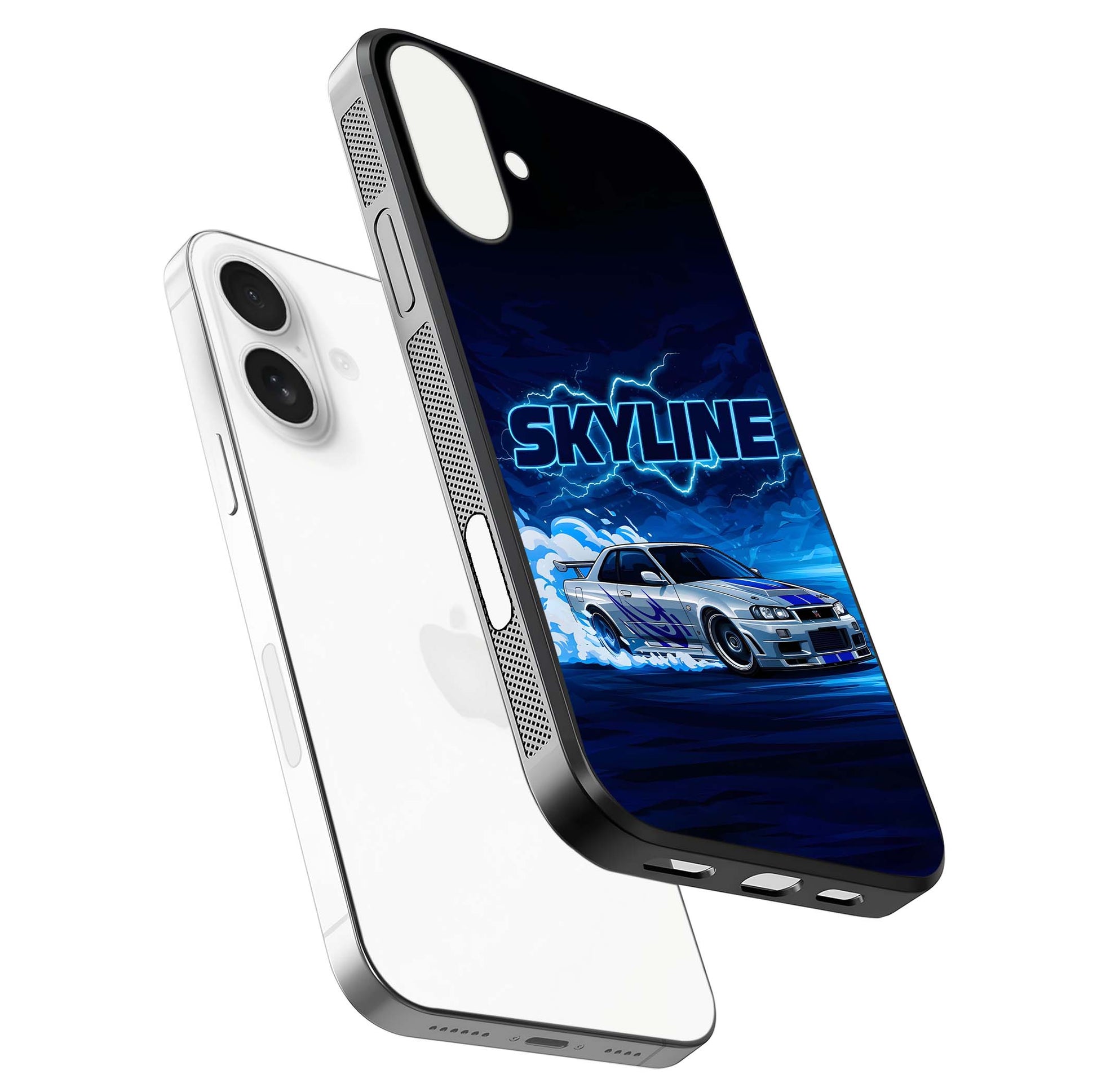 Neon Drift Beast Glass Case for iPhone 17 floating dual-view mockup showing gloss texture and motion glow