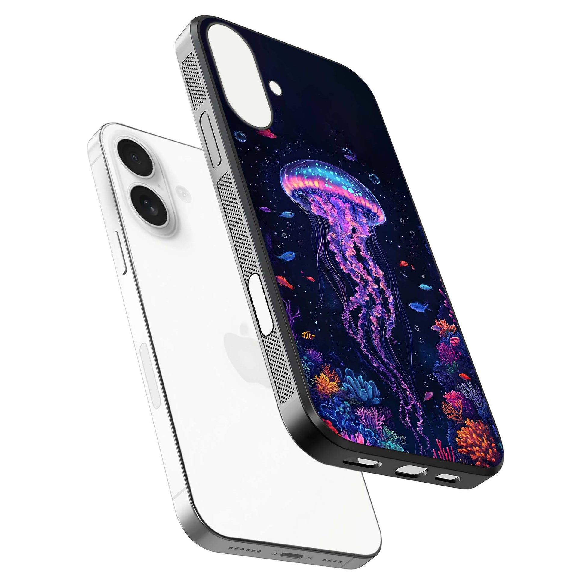 Neon Jellyfish Glass Case for iPhone 17 floating dual-view mockup showing gloss texture and underwater glow