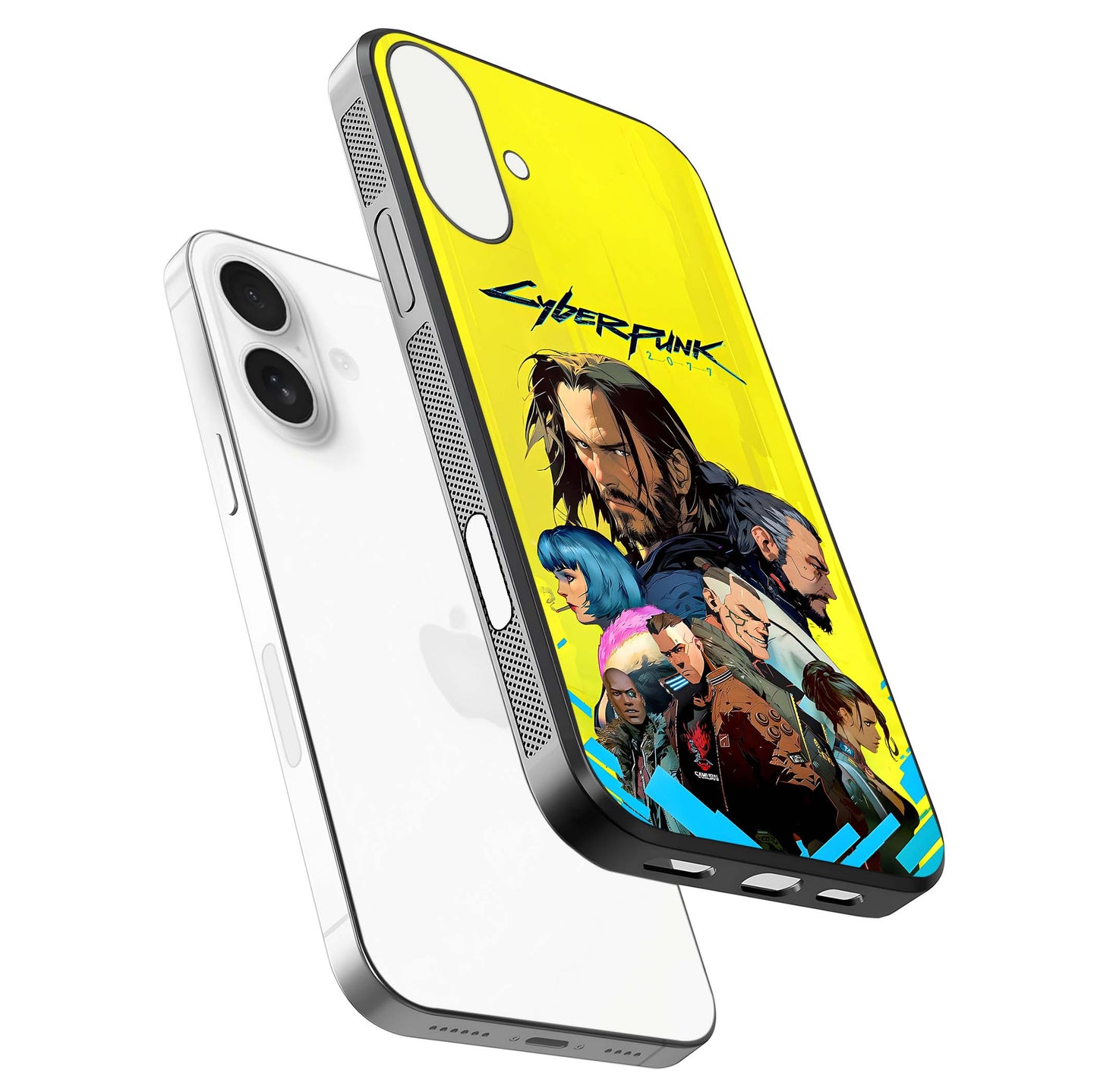Neon Rebel Genesis Glass Case for iPhone 17 floating dual-view mockup showing electric glow and depth