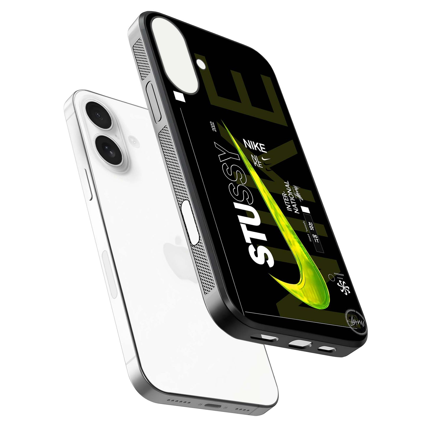 Neon Street Edition Glass Case for iPhone 17 floating dual-view mockup showing HD gloss and neon glow