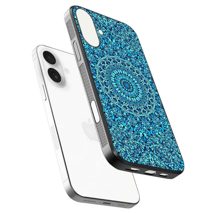 Ocean Bloom Mandala Glass Case for iPhone 17 floating dual-view mockup showing gloss texture and print depth