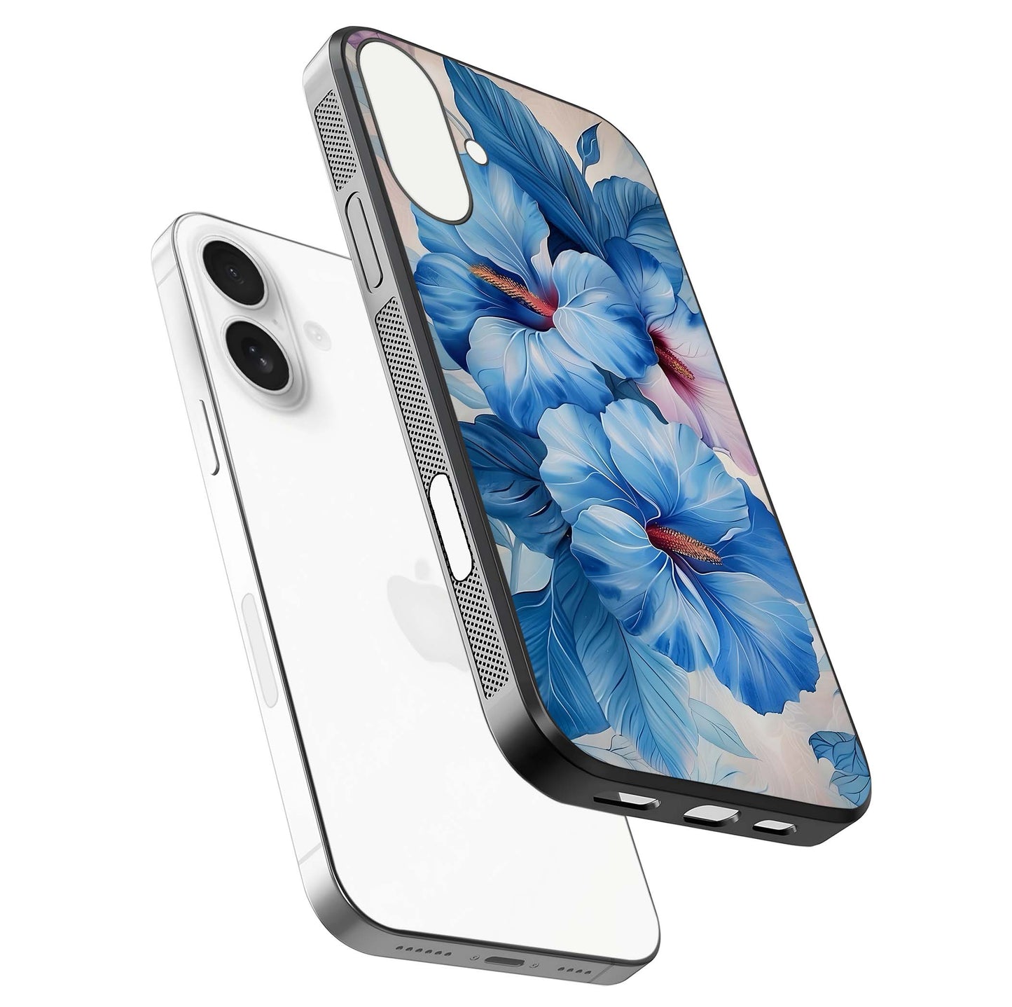 Ocean Hibiscus Grace Glass Case for iPhone 17 floating dual-view mockup showing gloss reflection and print clarity