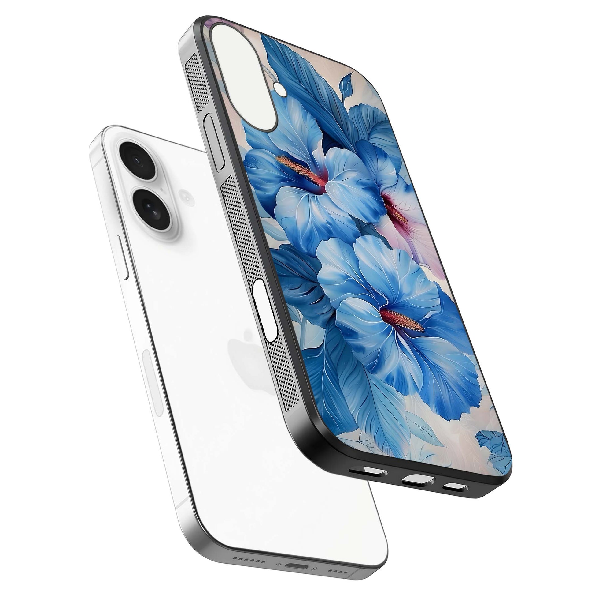 Ocean Hibiscus Grace Glass Case for iPhone 17 floating dual-view mockup showing gloss reflection and print clarity