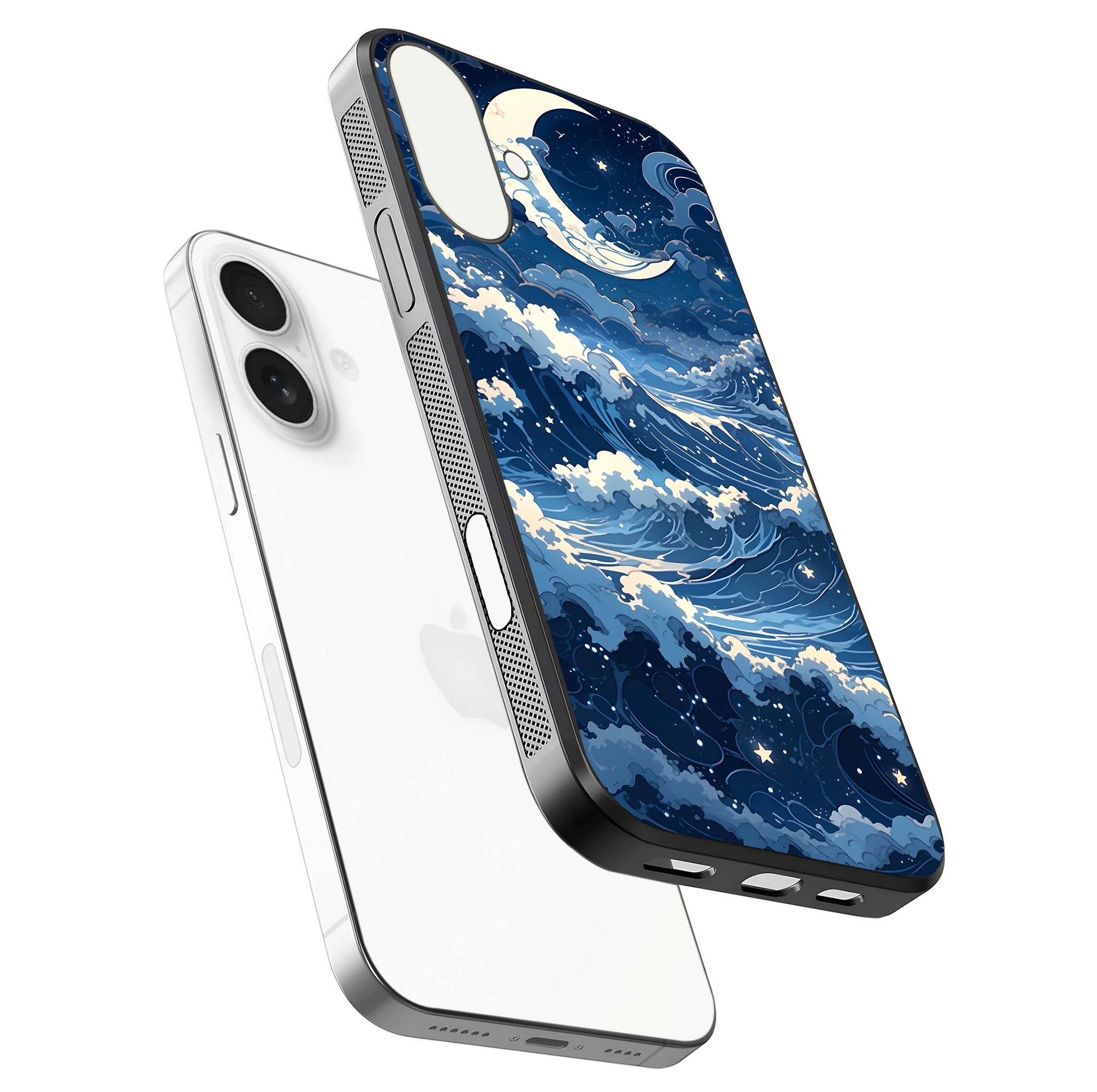 Ocean Moon Waves Glass Case for iPhone 17 floating dual-view mockup showing gloss texture and moon glow