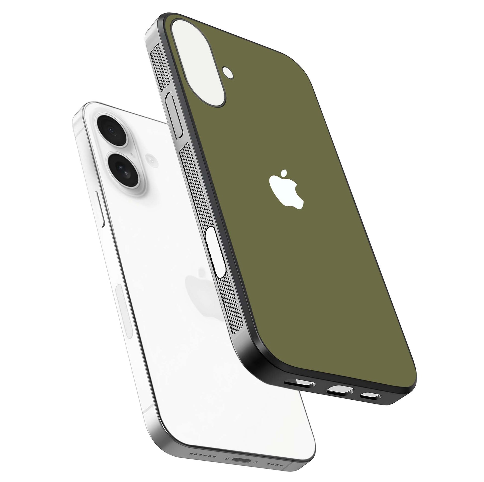 Olive Matte Essence Glass Case for iPhone 17 floating dual-view mockup showing matte gloss and depth