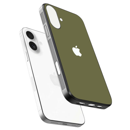 Olive Matte Essence Glass Case for iPhone 17 floating dual-view mockup showing matte gloss and depth