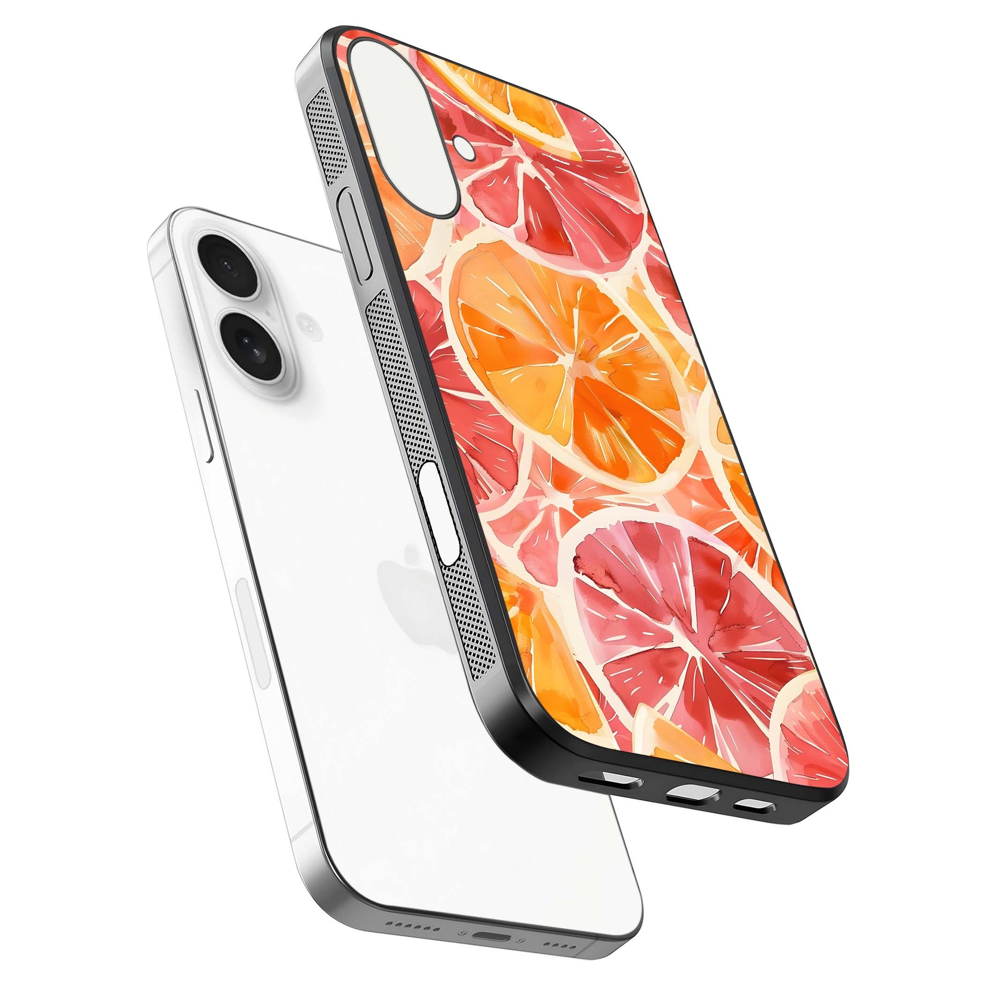 Orange Fruits Pattern Glass Case for iPhone 17 floating dual-view mockup showing gloss reflection and HD tone