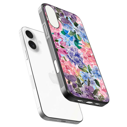 Pastel Floral Mix Glass Case for iPhone 17 floating dual-view mockup showing HD gloss and floral texture