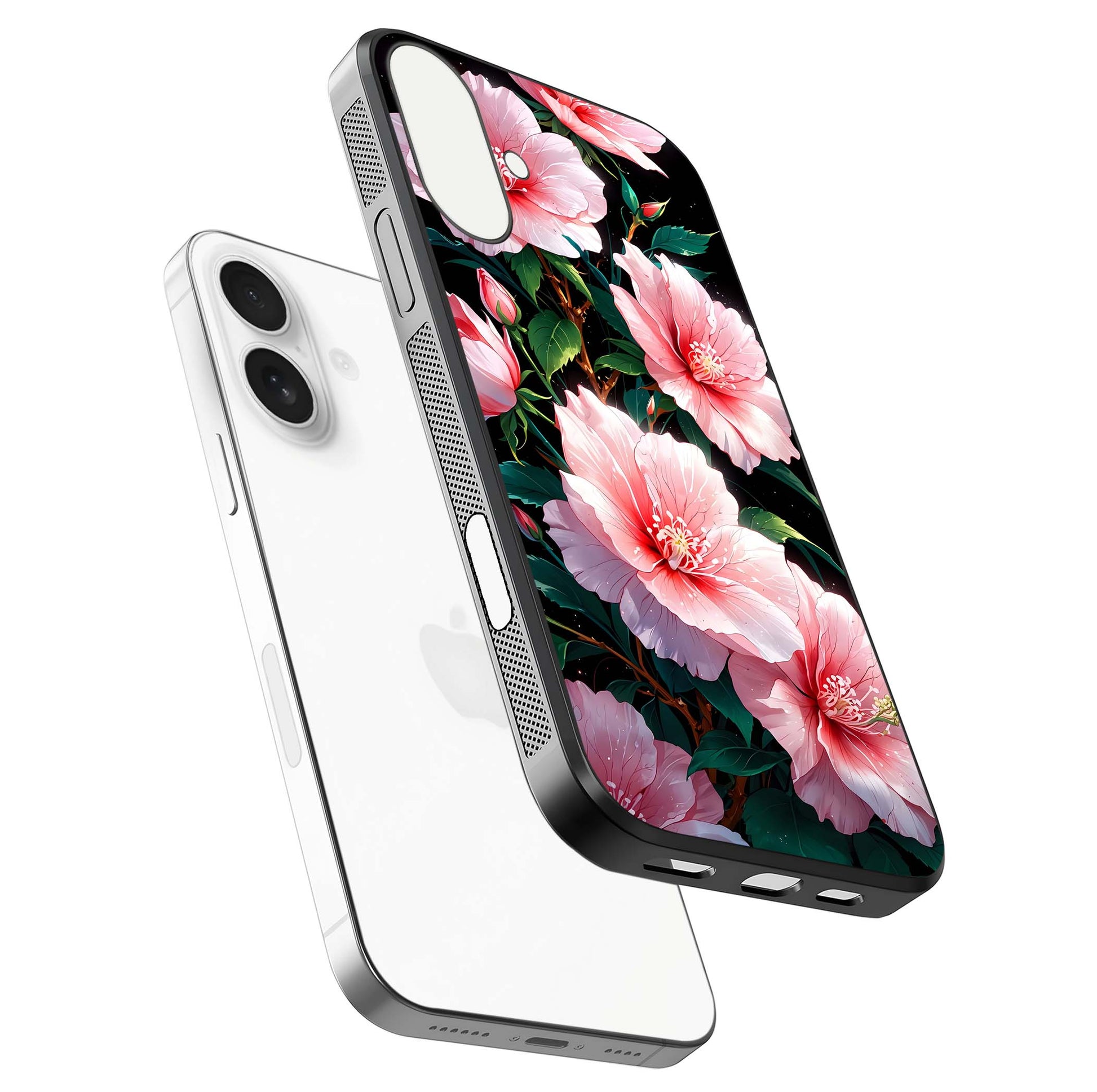 Peach Flower Glass Case for iPhone 17 floating dual-view mockup displaying shine and delicate flower art