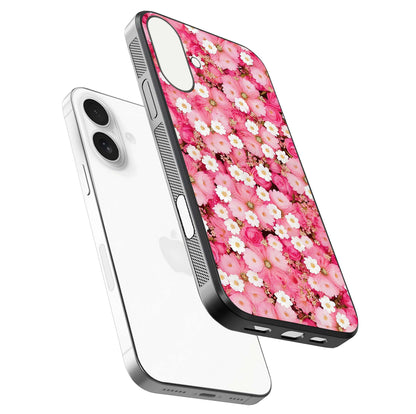 Pink Daisy Bliss Glass Case for iPhone 17 floating dual-view mockup displaying gloss shine and pastel tones