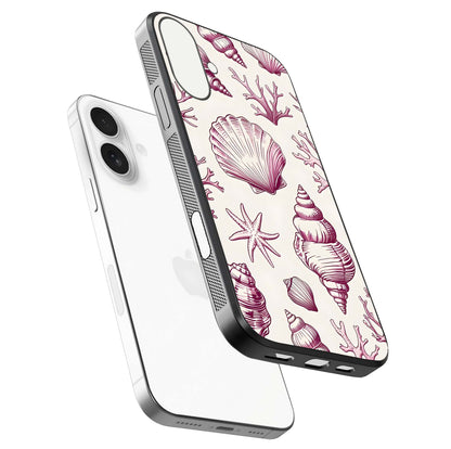 Pink Shells Outline Glass Case for iPhone 17 floating dual-view mockup displaying gloss and ocean vibe