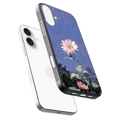 Pink Sunflower Glow Glass Case for iPhone 17 floating dual-view mockup showing gloss reflection and design depth